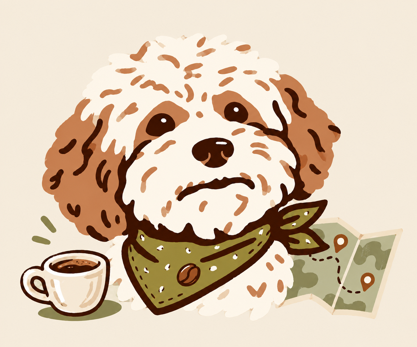 Milo, a small cream and caramel dog in an olive bandana, with an espresso cup and a folded map.